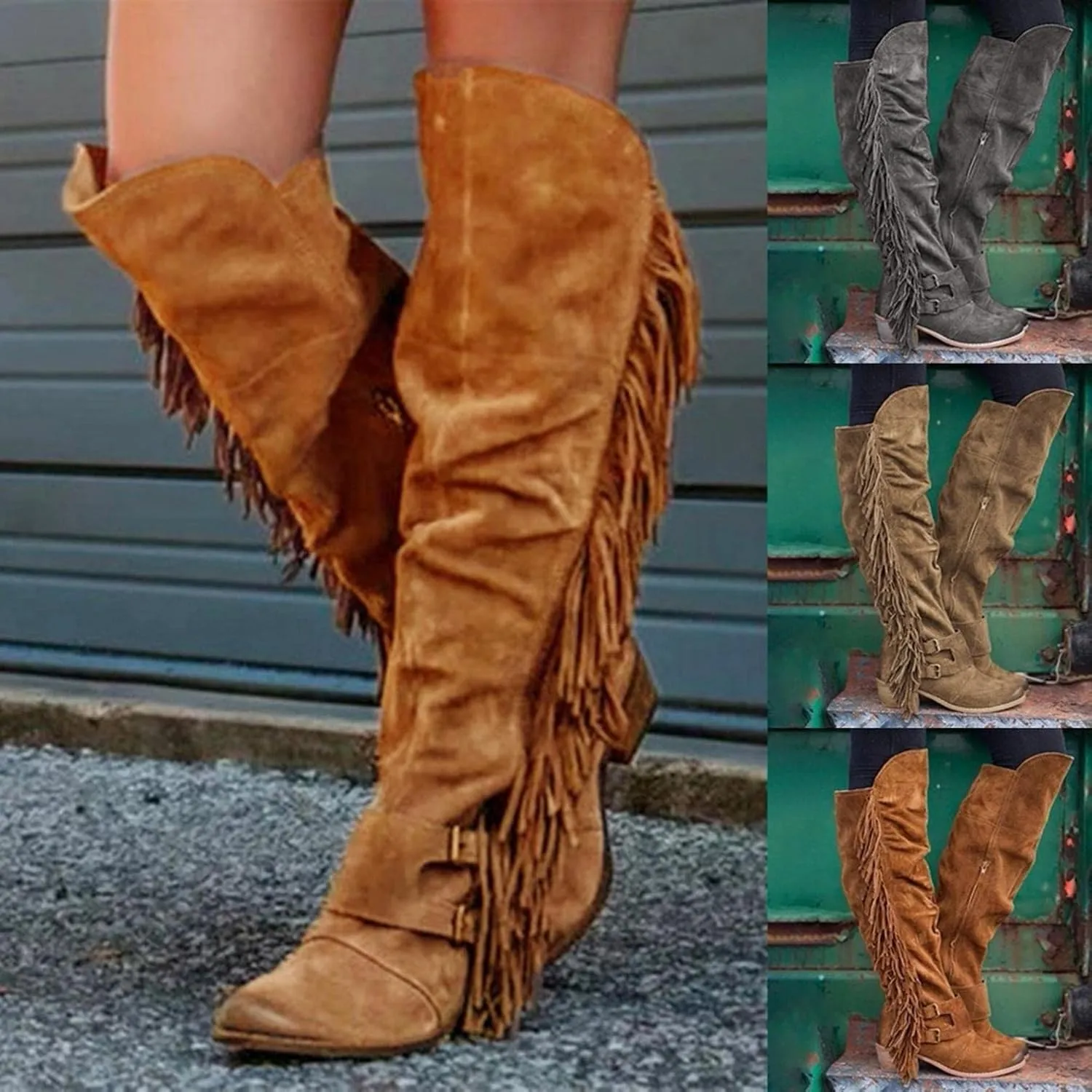 Bcshiye Women's Knee High Boots Casual Over The Knee Retro Tassel Moccasin Square Low Heel Zipper Western Long Booties