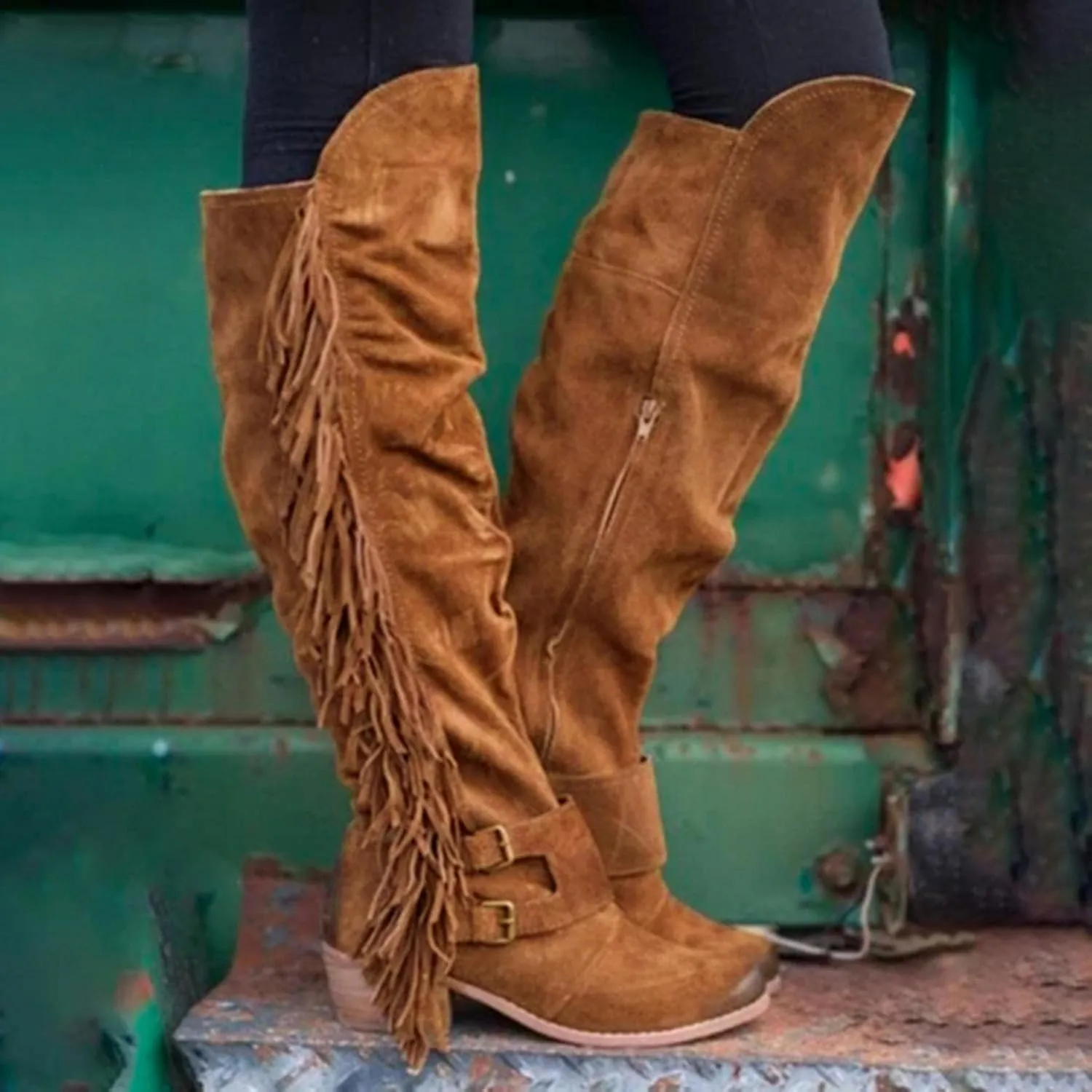 Bcshiye Women's Knee High Boots Casual Over The Knee Retro Tassel Moccasin Square Low Heel Zipper Western Long Booties