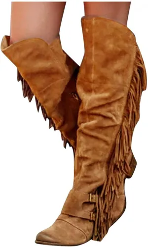 Bcshiye Women's Knee High Boots Casual Over The Knee Retro Tassel Moccasin Square Low Heel Zipper Western Long Booties