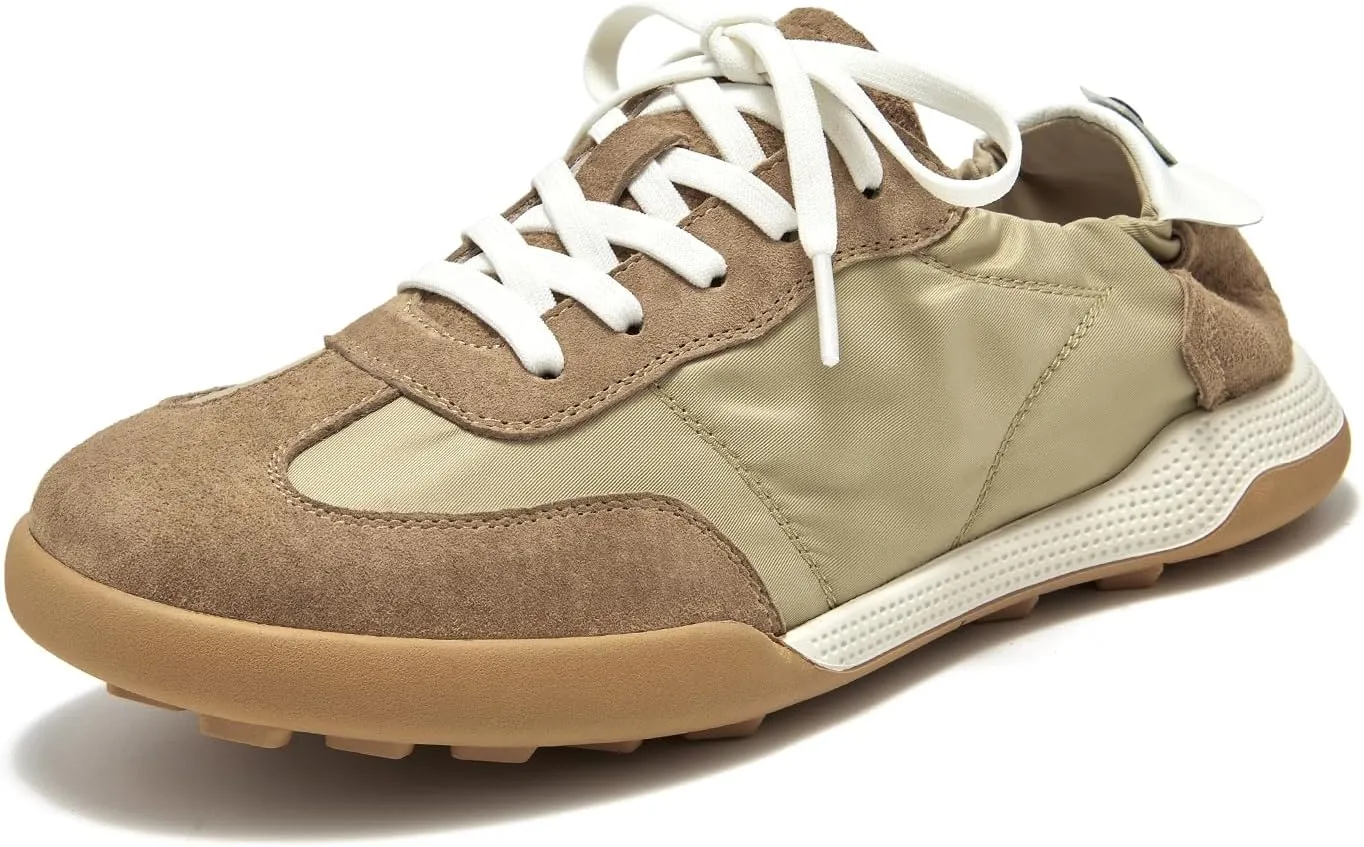BEAU TODAY Fashion Sneakers Women, Casual Walking Sneakers for Women, Comfortable Non-Slip Lace-Up Womens Leather Flat Shoes Brown US Size 5