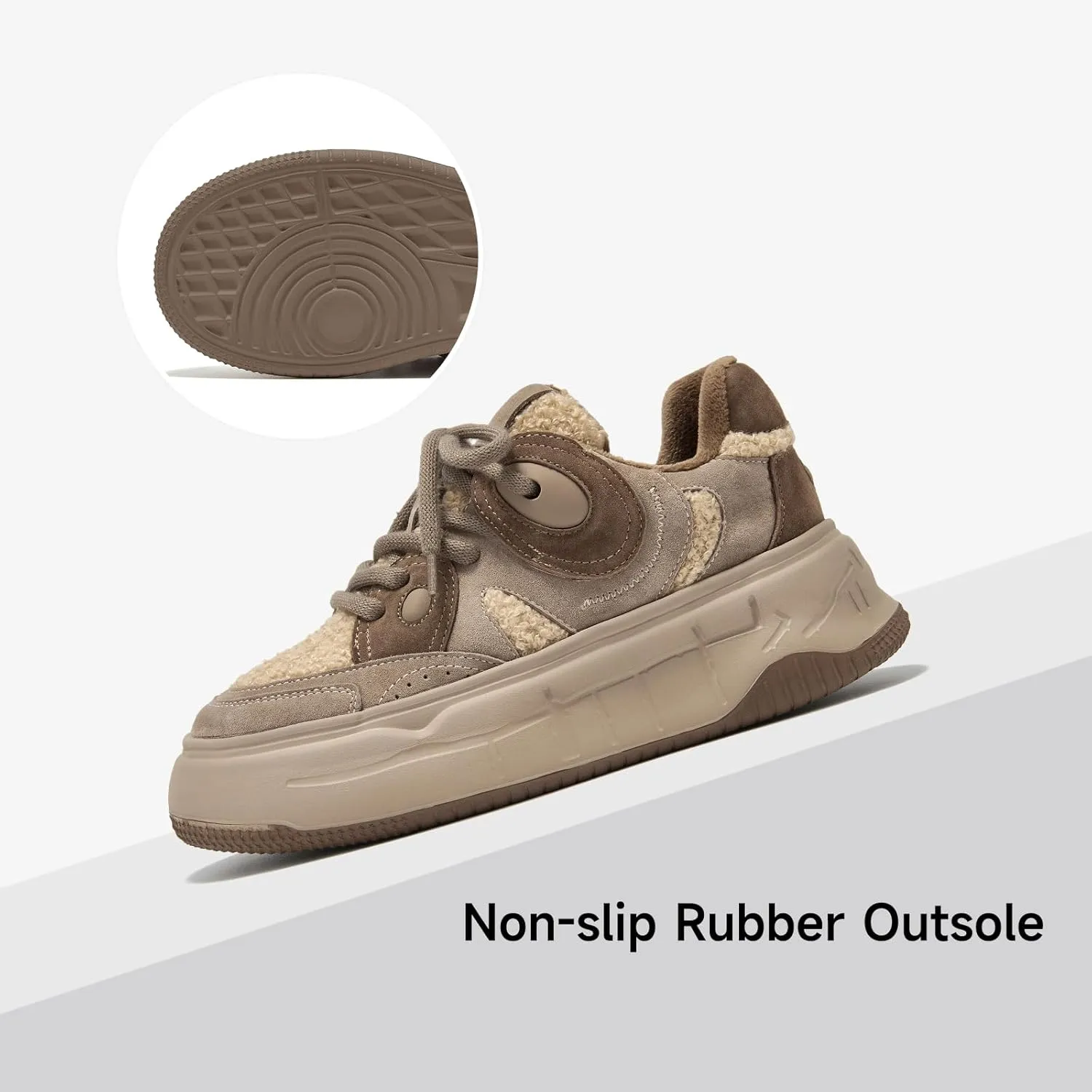 BEAU TODAY Winter Platform Sneakers for Women, Warm Fur Lined Fashion Chunky Sneakers for Women, Comfortable Suede Leather Sneakers, Casual Dressy Lace-up Anti-Slip Outdoor Walking Shoes