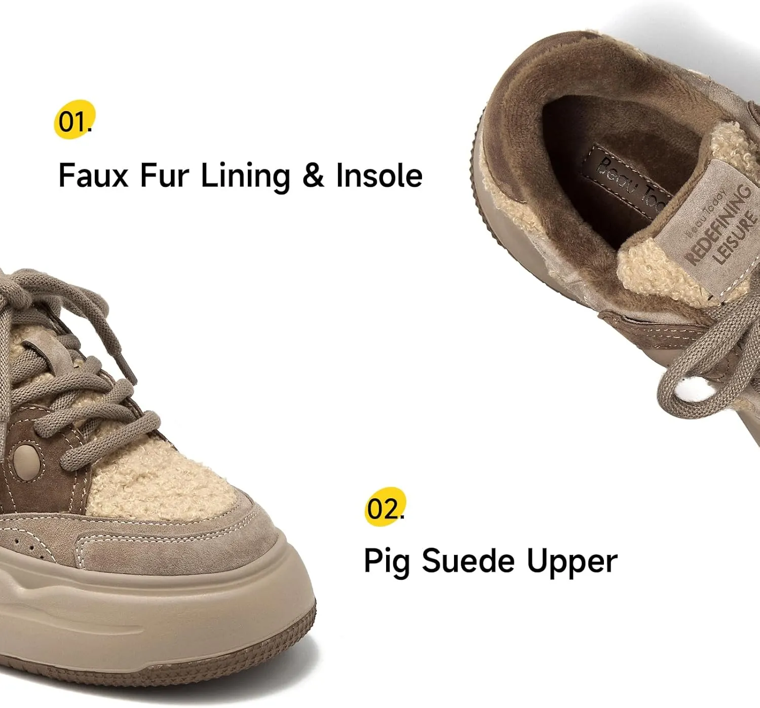 BEAU TODAY Winter Platform Sneakers for Women, Warm Fur Lined Fashion Chunky Sneakers for Women, Comfortable Suede Leather Sneakers, Casual Dressy Lace-up Anti-Slip Outdoor Walking Shoes