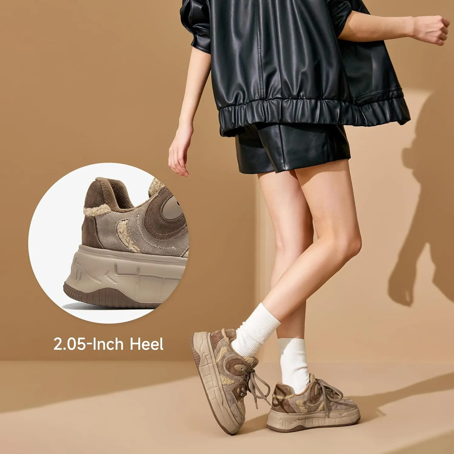 BEAU TODAY Winter Platform Sneakers for Women, Warm Fur Lined Fashion Chunky Sneakers for Women, Comfortable Suede Leather Sneakers, Casual Dressy Lace-up Anti-Slip Outdoor Walking Shoes