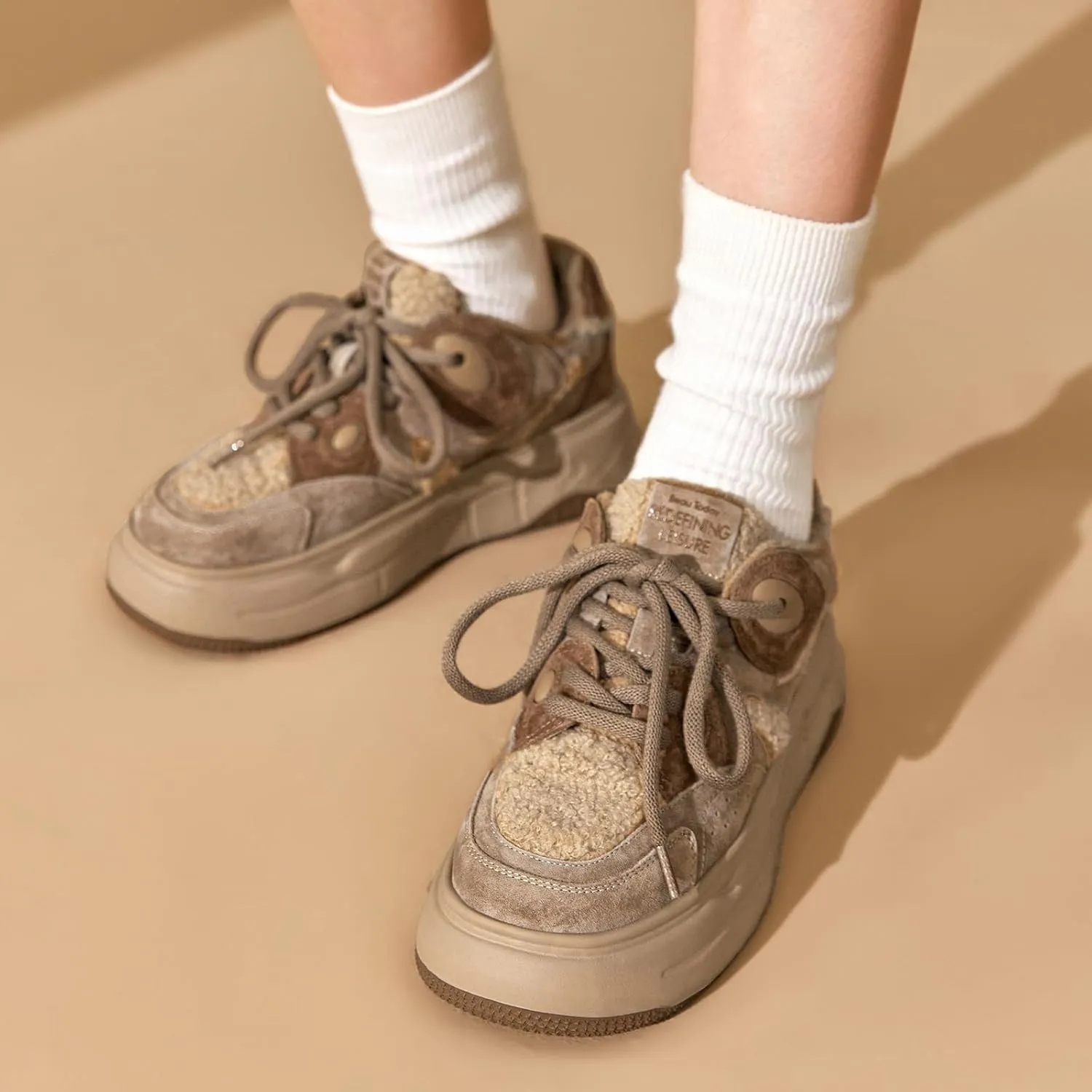 BEAU TODAY Winter Platform Sneakers for Women, Warm Fur Lined Fashion Chunky Sneakers for Women, Comfortable Suede Leather Sneakers, Casual Dressy Lace-up Anti-Slip Outdoor Walking Shoes