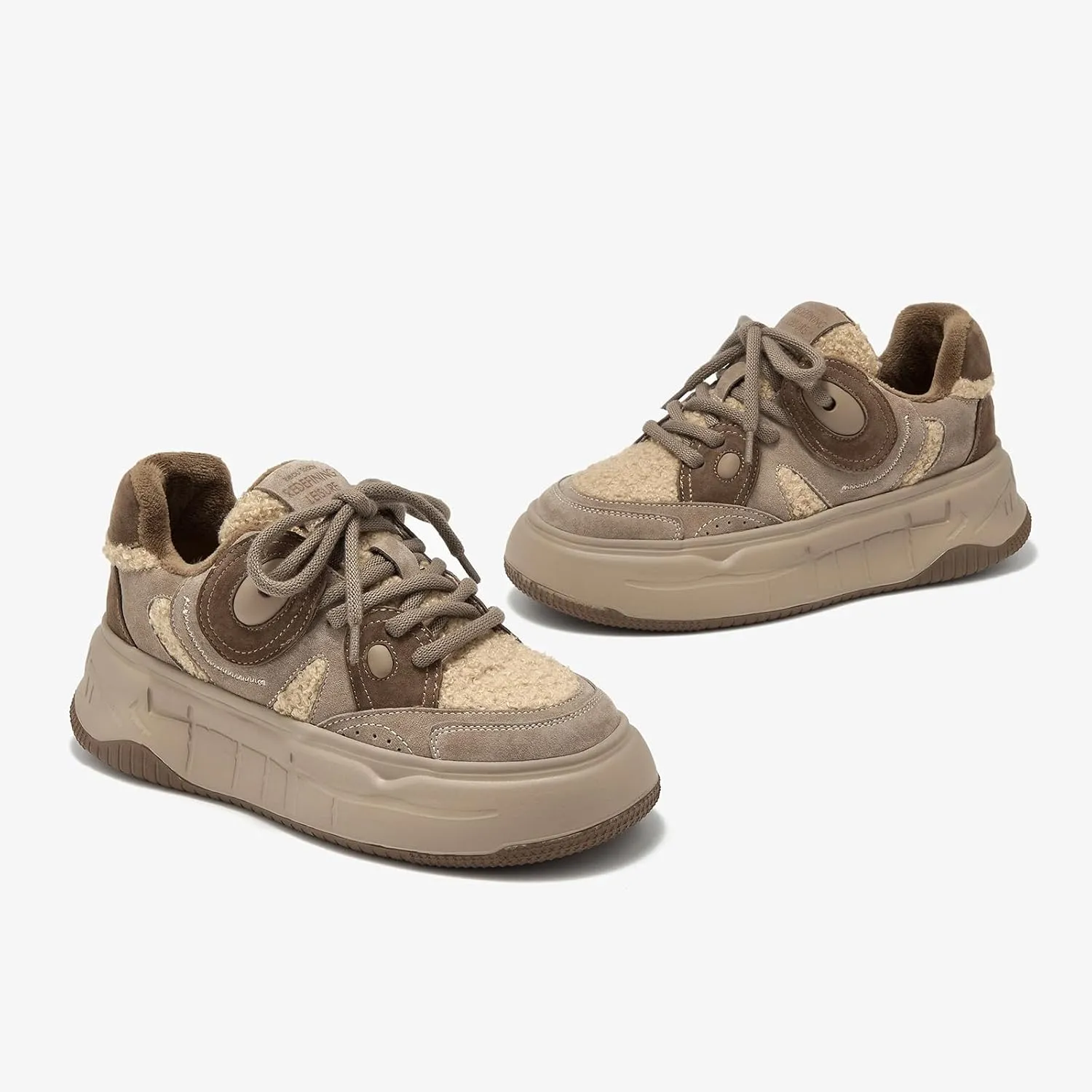 BEAU TODAY Winter Platform Sneakers for Women, Warm Fur Lined Fashion Chunky Sneakers for Women, Comfortable Suede Leather Sneakers, Casual Dressy Lace-up Anti-Slip Outdoor Walking Shoes