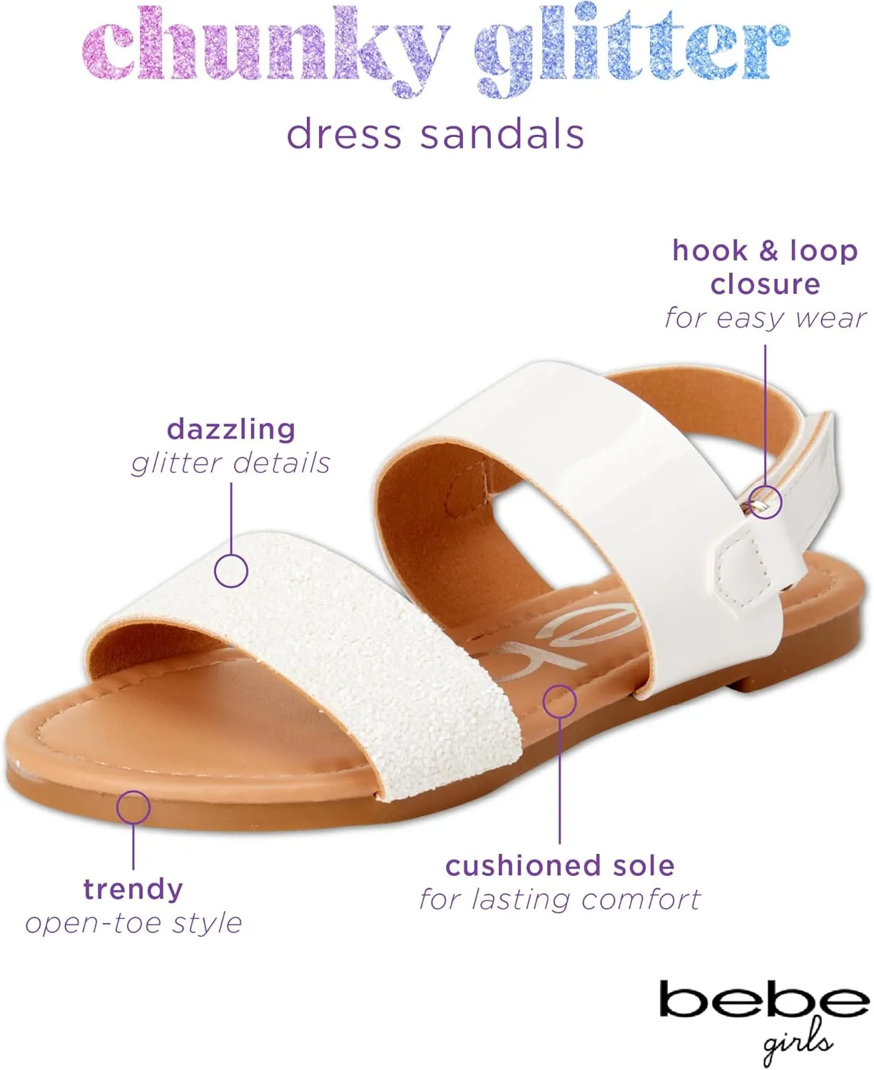 bebe Girls Sandals - Big girl and Toddler Girl Sandals with Durable Leather and Glitter Straps, Summer Dress Shoes for Girls
