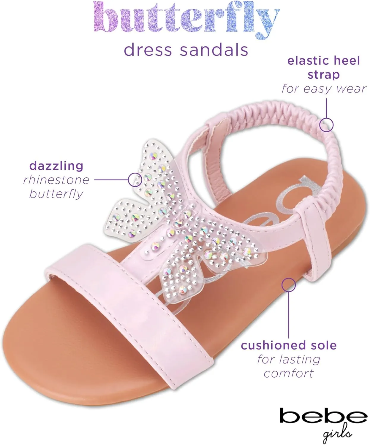 bebe Girls' Sandals - Lightweight Open Toe Little Girl Dress Shoes Flat Sandals with Butterfly Accent for Easter Summer