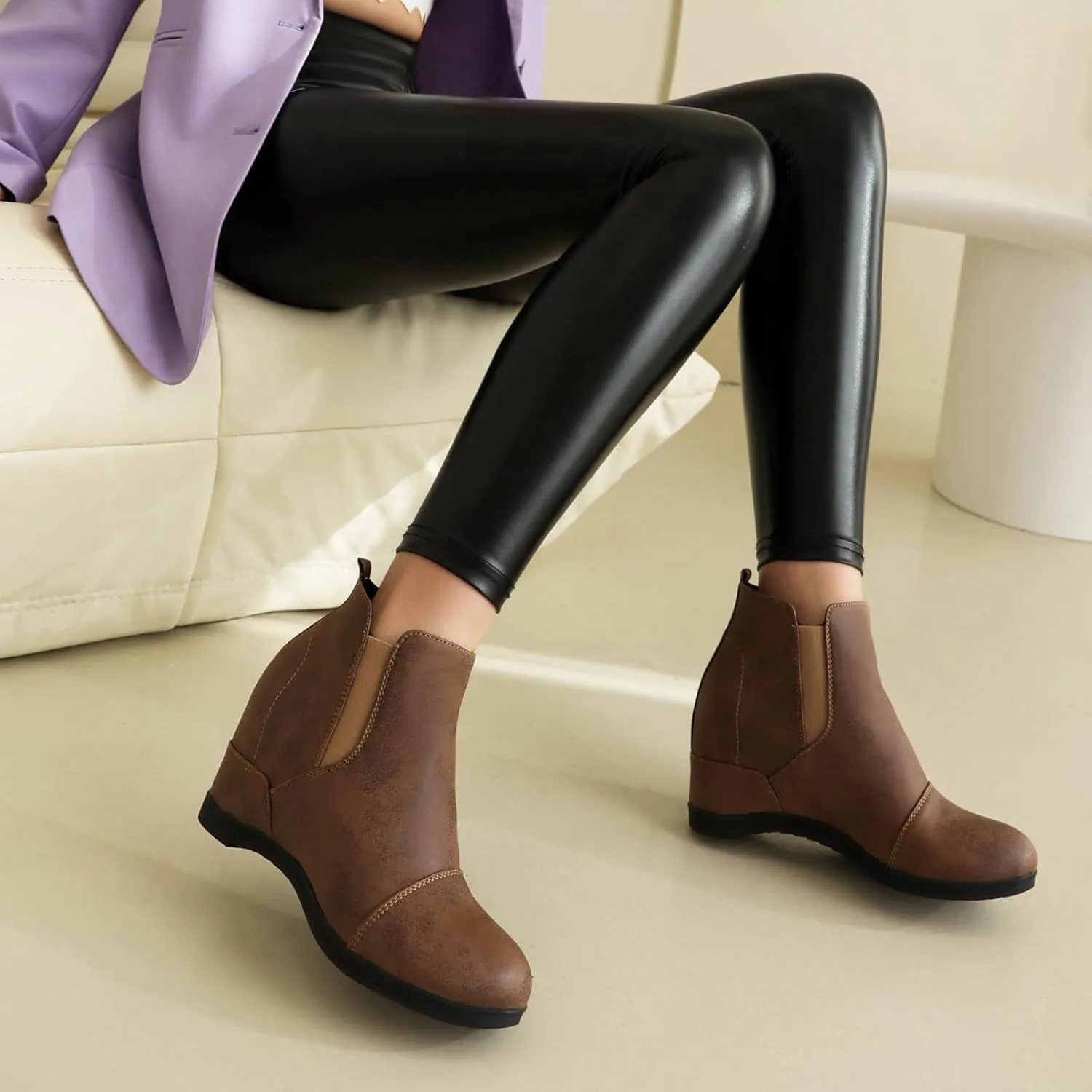 Betastella Women's Wedge Platform Ankle Boots Faux Suede Heels Zip Up Booties