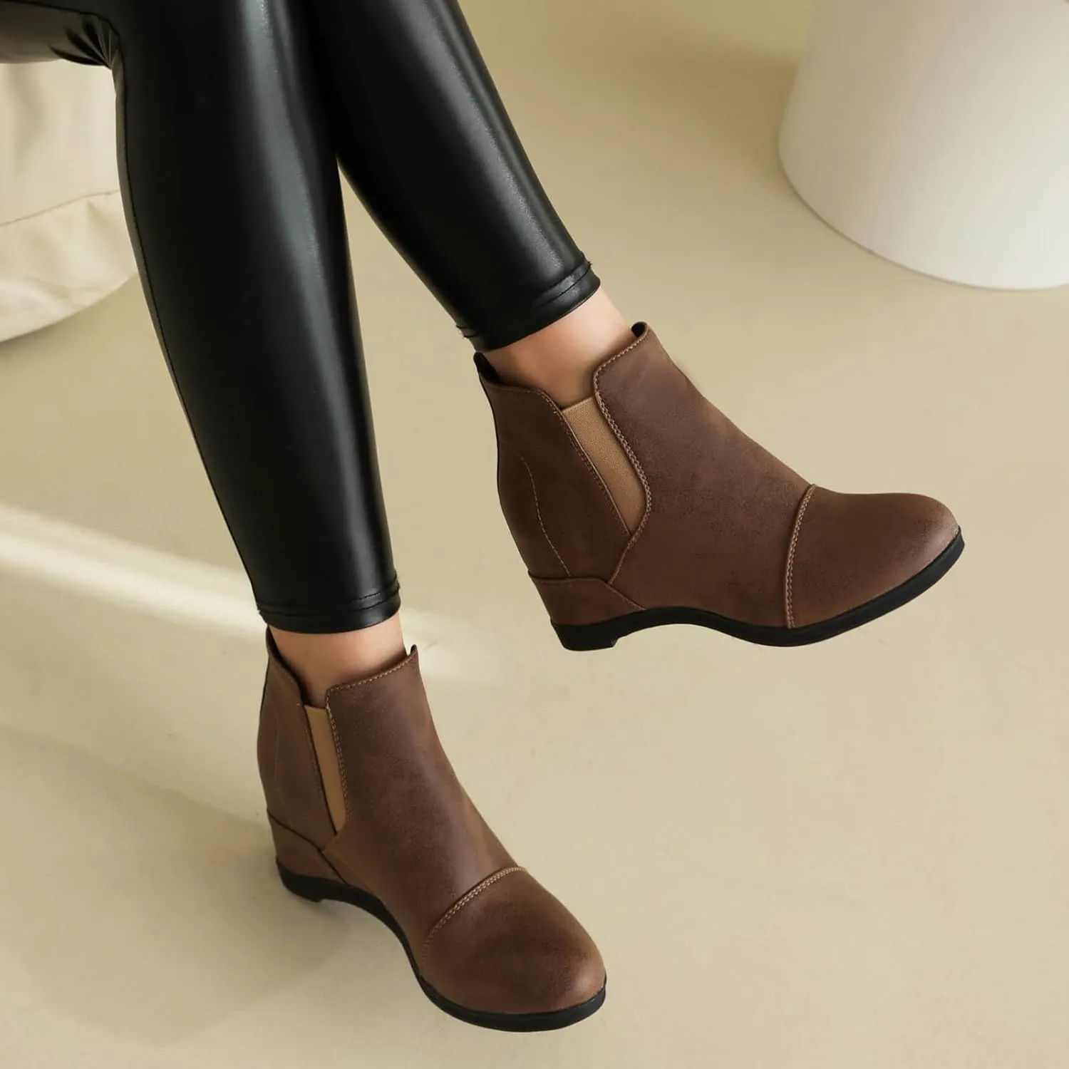Betastella Women's Wedge Platform Ankle Boots Faux Suede Heels Zip Up Booties