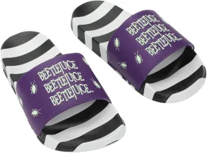 Bioworld Beetlejuice Repeat Movie Title Men's Black & White Striped Slide Sandals