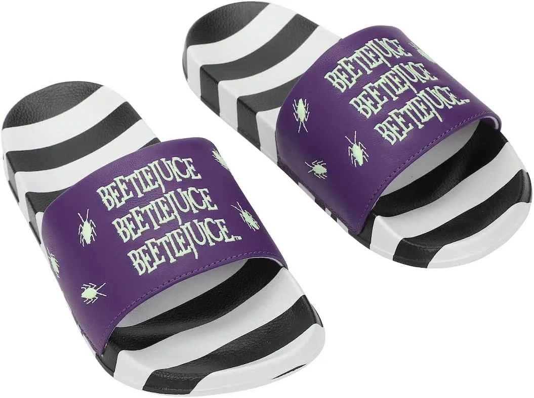 Bioworld Beetlejuice Repeat Movie Title Men's Black & White Striped Slide Sandals
