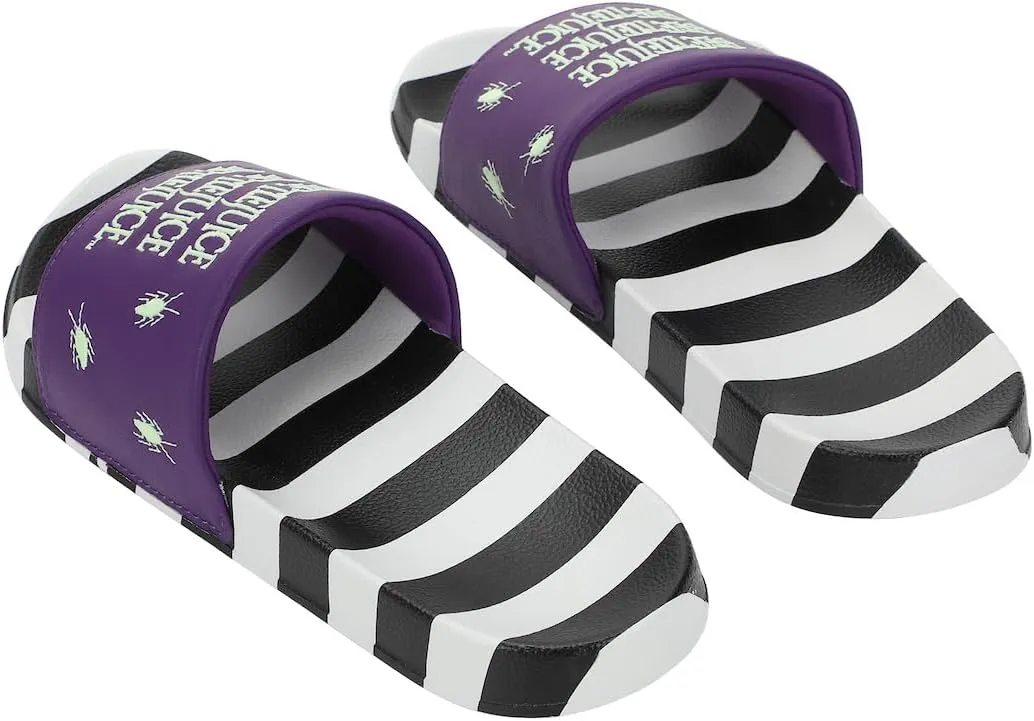 Bioworld Beetlejuice Repeat Movie Title Men's Black & White Striped Slide Sandals