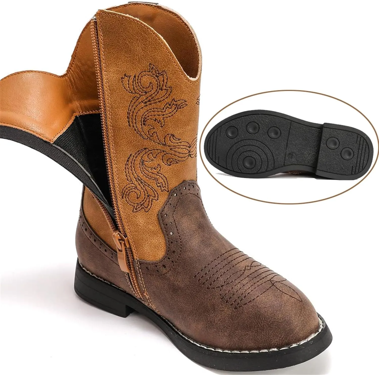 Boys Girls Western Cowgirl Cowboy Boots Side Zip Mid Calf Riding Boots
