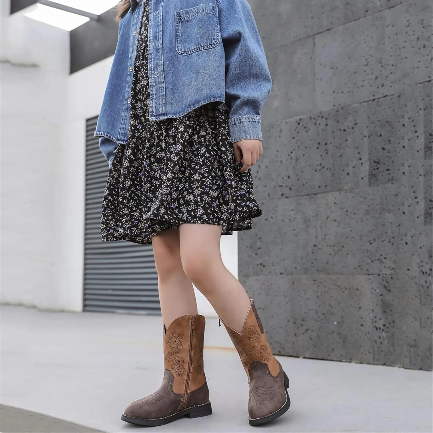 Boys Girls Western Cowgirl Cowboy Boots Side Zip Mid Calf Riding Boots