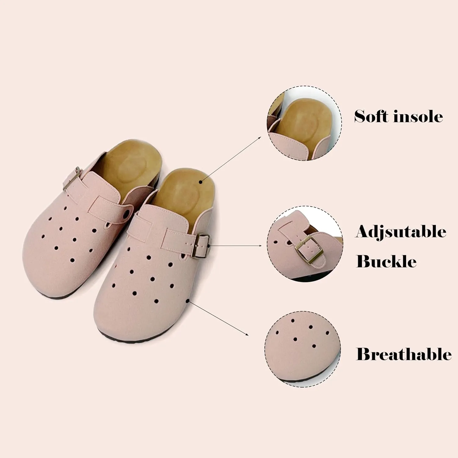Breathable Women’s Clogs Ventilated Hollow Design Mules with Soft Cork Footbed and Arch Support
