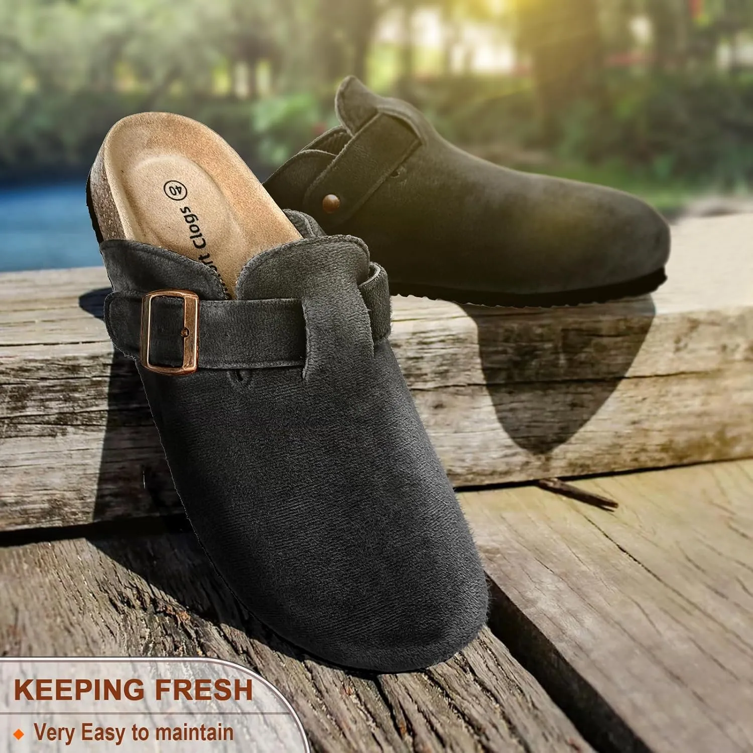BULLIANT Women Clogs-Comfortable Mules Slippers Sandals Unisex Adjustable Fit-Cushioned Cork-Footbed Flannel Suede Upper