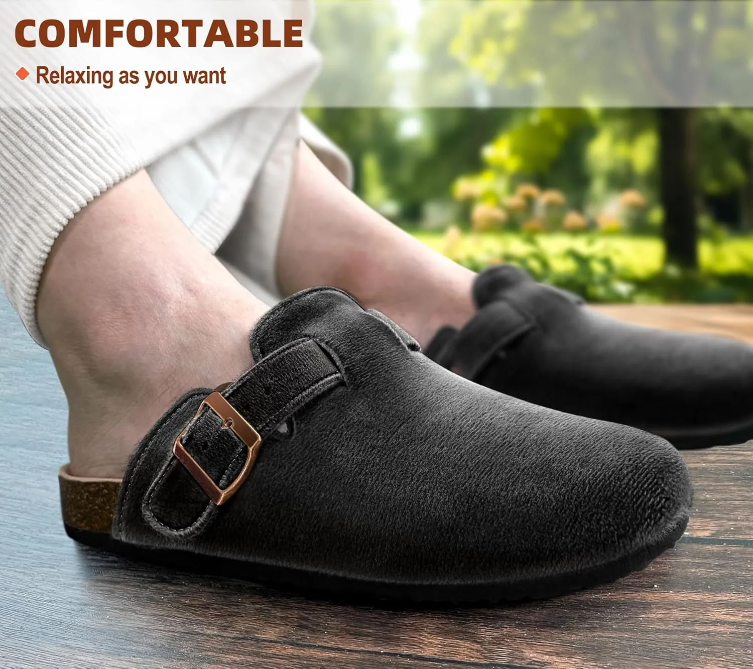 BULLIANT Women Clogs-Comfortable Mules Slippers Sandals Unisex Adjustable Fit-Cushioned Cork-Footbed Flannel Suede Upper
