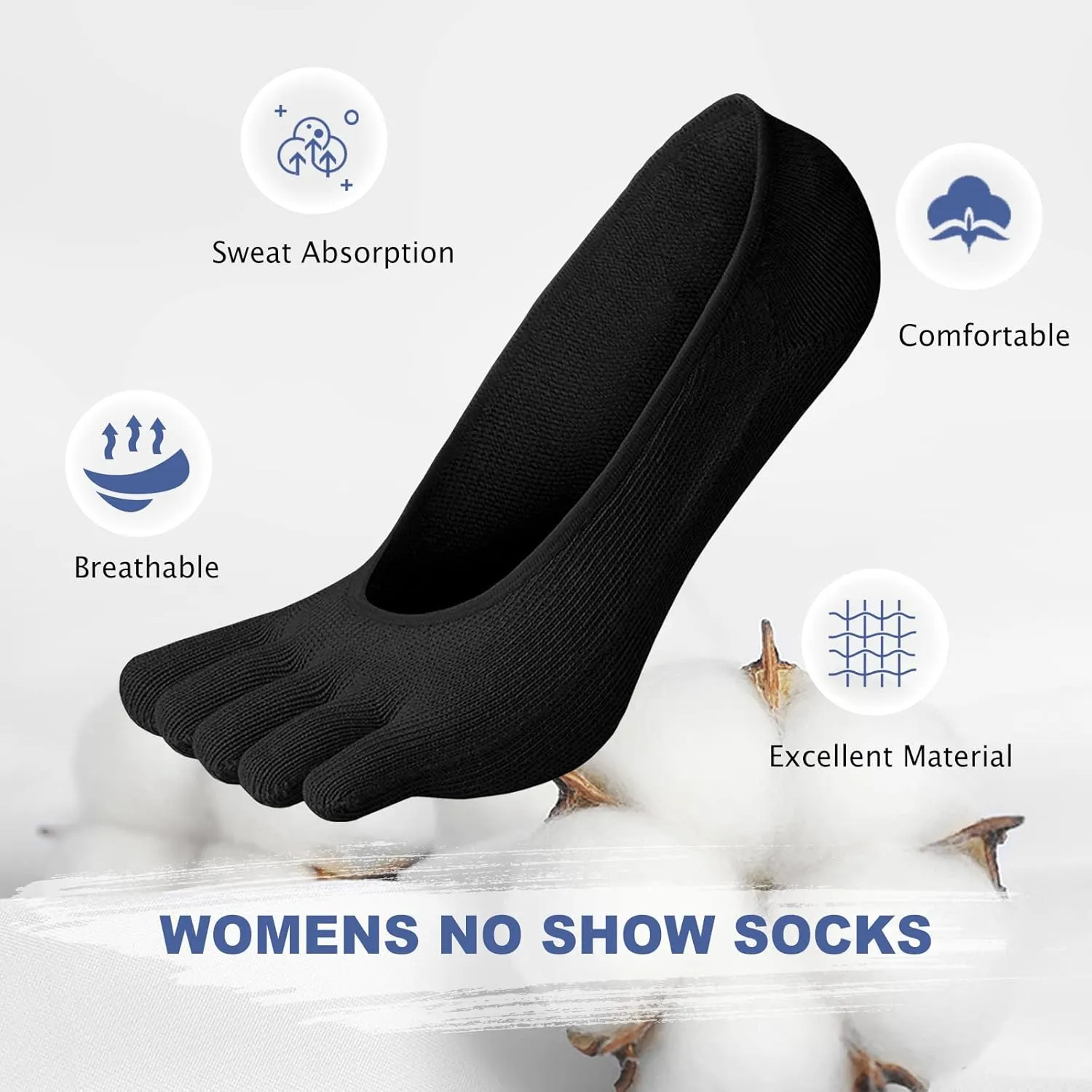 CaiDieNu No Show Toe Socks Women, Low Cut Five Fingers Cotton Running Athletic Invisible Boat Socks, 3/6 Pairs