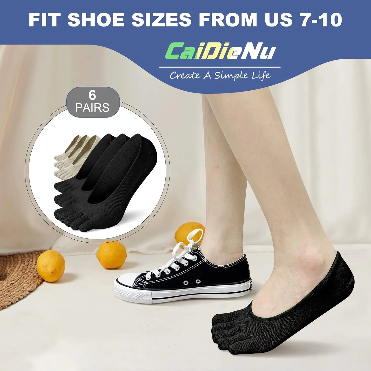 CaiDieNu No Show Toe Socks Women, Low Cut Five Fingers Cotton Running Athletic Invisible Boat Socks, 3/6 Pairs