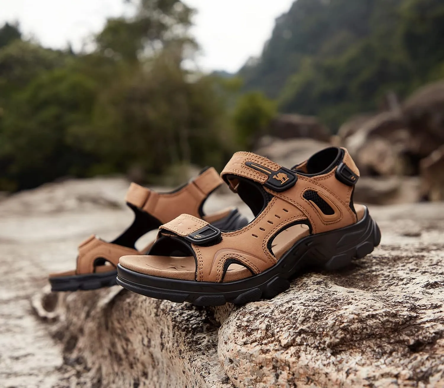 CAMEL CROWN Men's Leather Sandals Hiking Outdoor Water Beach Sports Mens Sandals for Summer with Open Toe Adjustable Straps