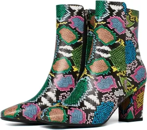 Caradise Womens High Chunky Heeled Boots Zip Up Square Toe Ankle Booties Size 6 B(M) US,Multicoloured Snake