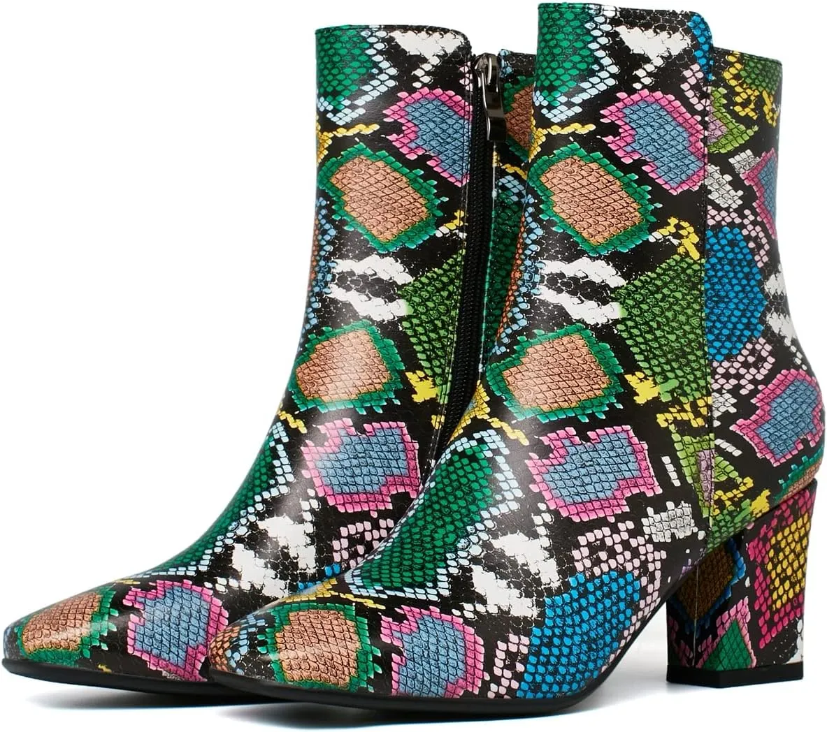 Caradise Womens High Chunky Heeled Boots Zip Up Square Toe Ankle Booties Size 6 B(M) US,Multicoloured Snake