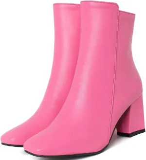 Caradise Womens High Chunky Heeled Boots Zip Up Square Toe Ankle Booties