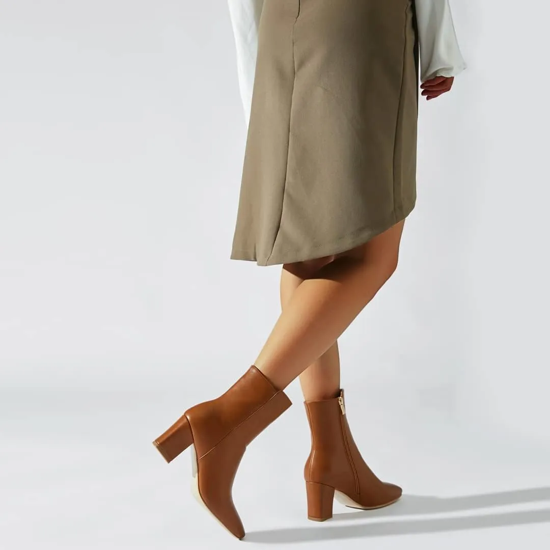 Caradise Womens High Chunky Heeled Boots Zip Up Square Toe Ankle Booties