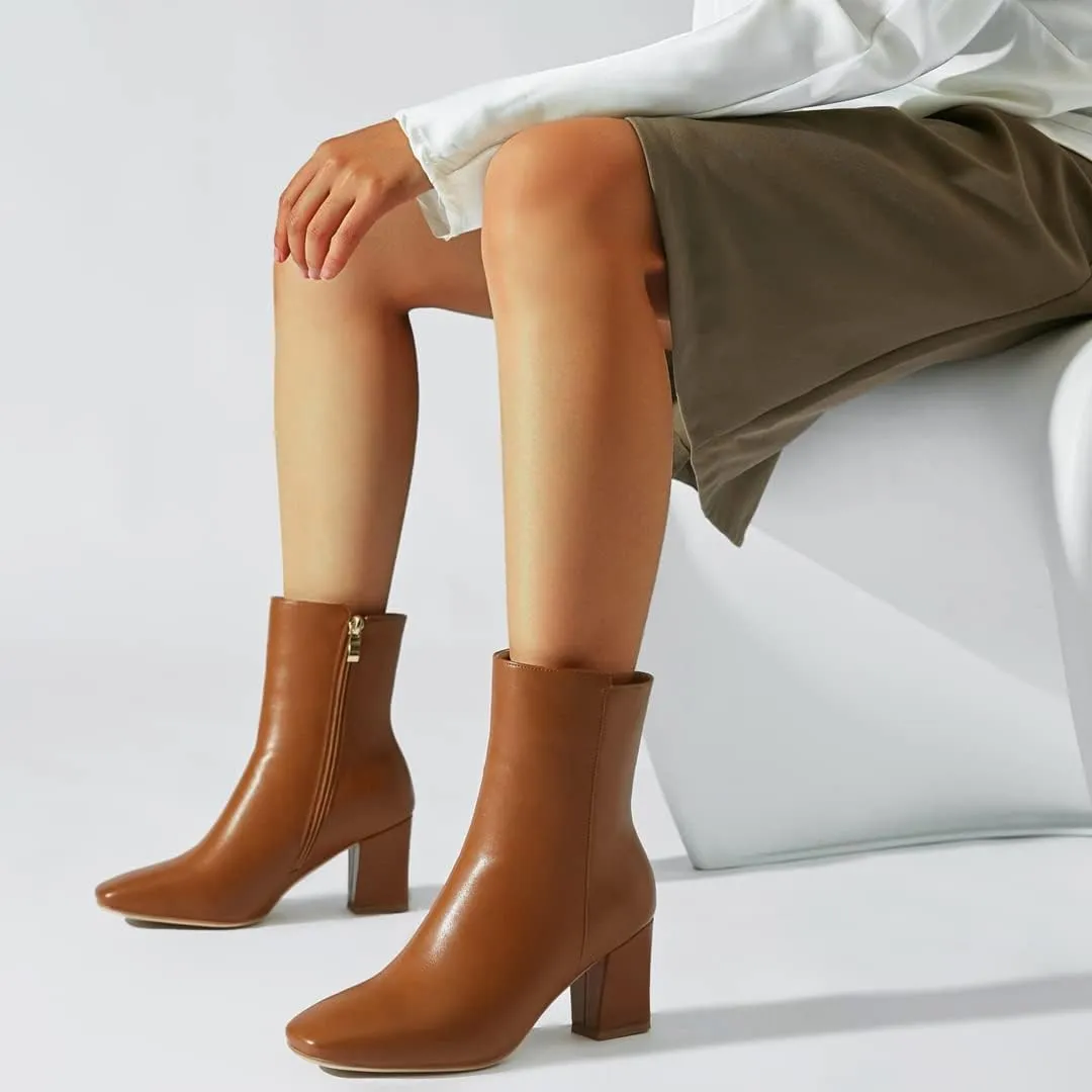 Caradise Womens High Chunky Heeled Boots Zip Up Square Toe Ankle Booties