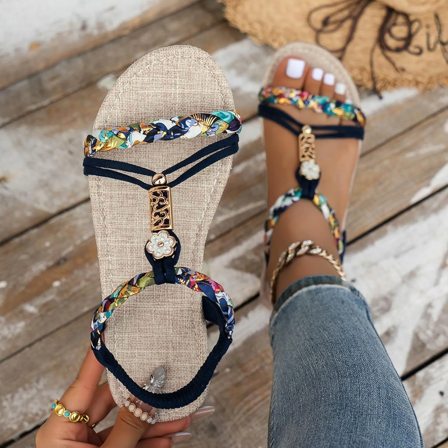 Casual Bohemian Beach Sandals Orthopedic Wedge Sandal for Women Ankle Strap Flip Flops Open Toe Jeweled Flat Sandals 2025