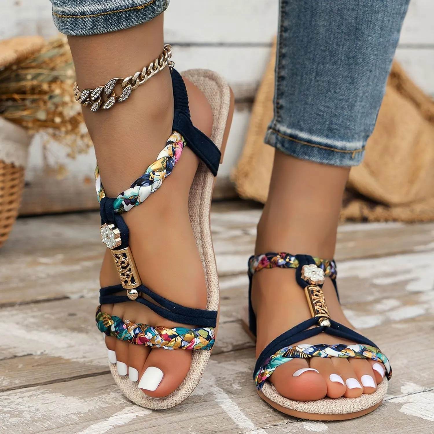 Casual Bohemian Beach Sandals Orthopedic Wedge Sandal for Women Ankle Strap Flip Flops Open Toe Jeweled Flat Sandals 2025