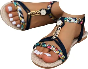 Casual Bohemian Beach Sandals Orthopedic Wedge Sandal for Women Ankle Strap Flip Flops Open Toe Jeweled Flat Sandals 2025