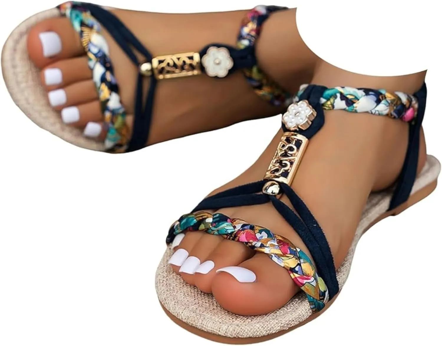 Casual Bohemian Beach Sandals Orthopedic Wedge Sandal for Women Ankle Strap Flip Flops Open Toe Jeweled Flat Sandals 2025