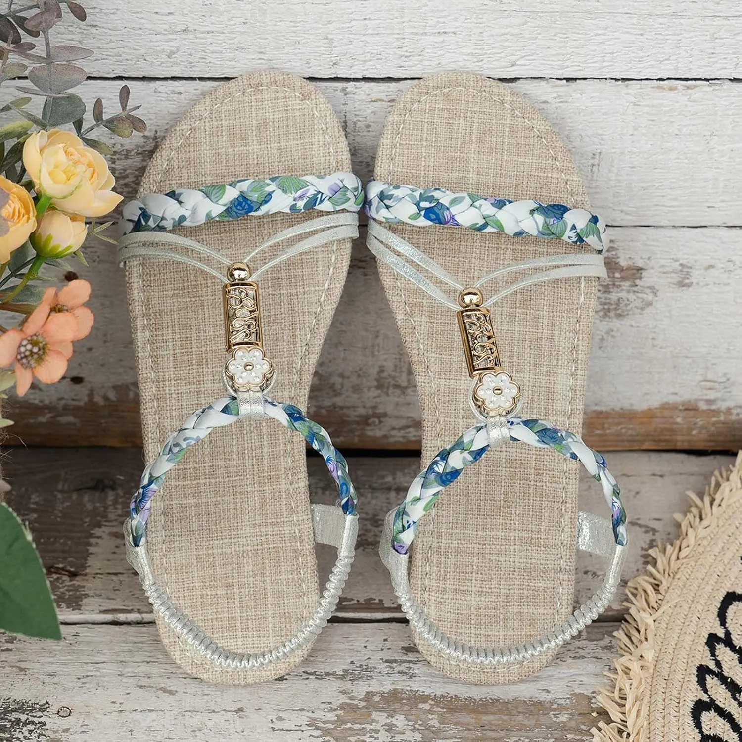 Casual Bohemian Beach Sandals Orthopedic Wedge Sandals for Women Ankle Strap Flip Flops Open Toe Jeweled Flat Sandals 2025