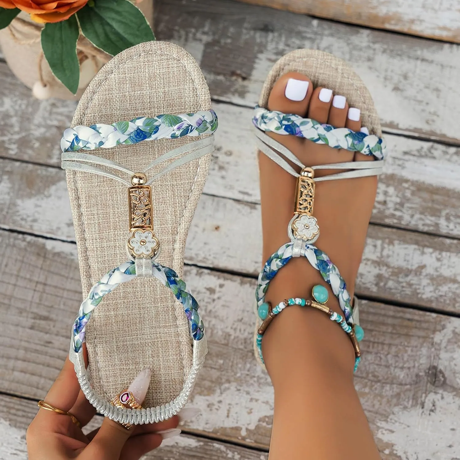 Casual Bohemian Beach Sandals Orthopedic Wedge Sandals for Women Ankle Strap Flip Flops Open Toe Jeweled Flat Sandals 2025