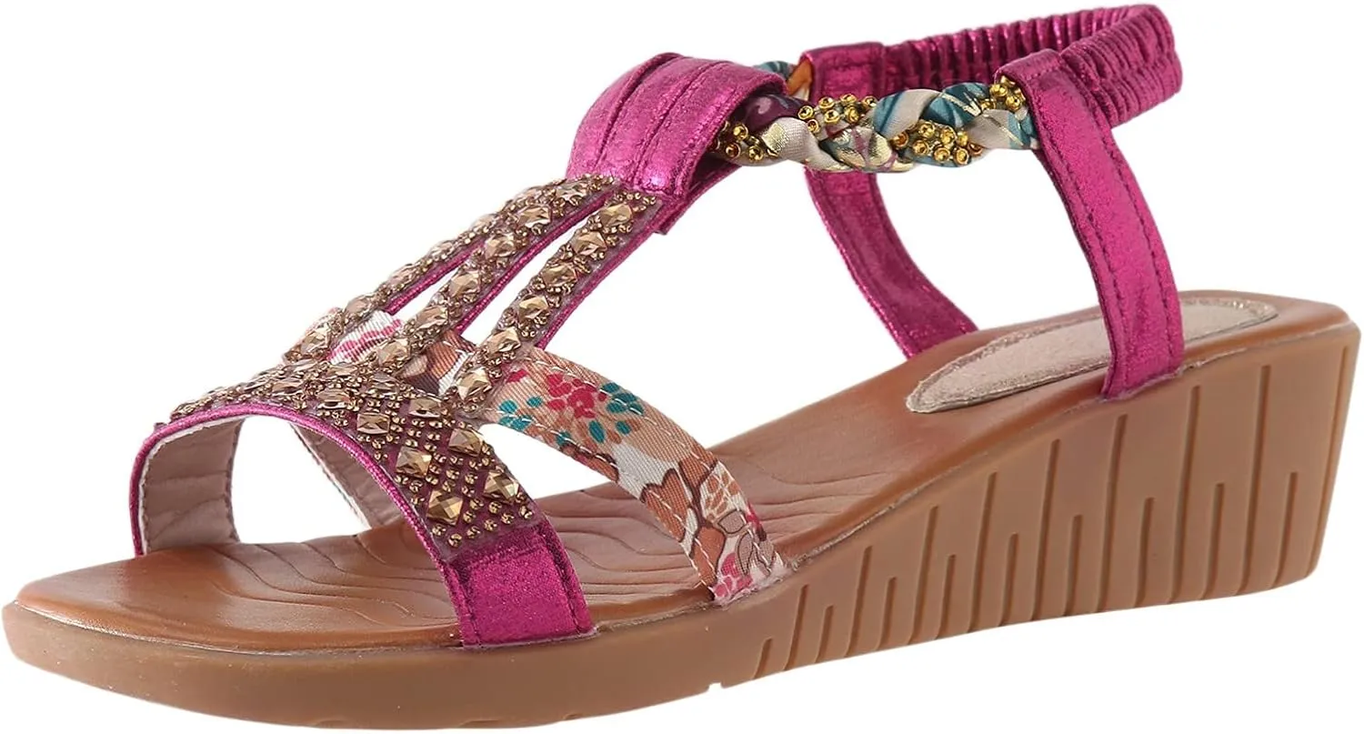 Casual Bohemian Beach Sandals Orthopedic Wedge Sandals for Women Ankle Strap Flip Flops Open Toe Jeweled Flat Sandals