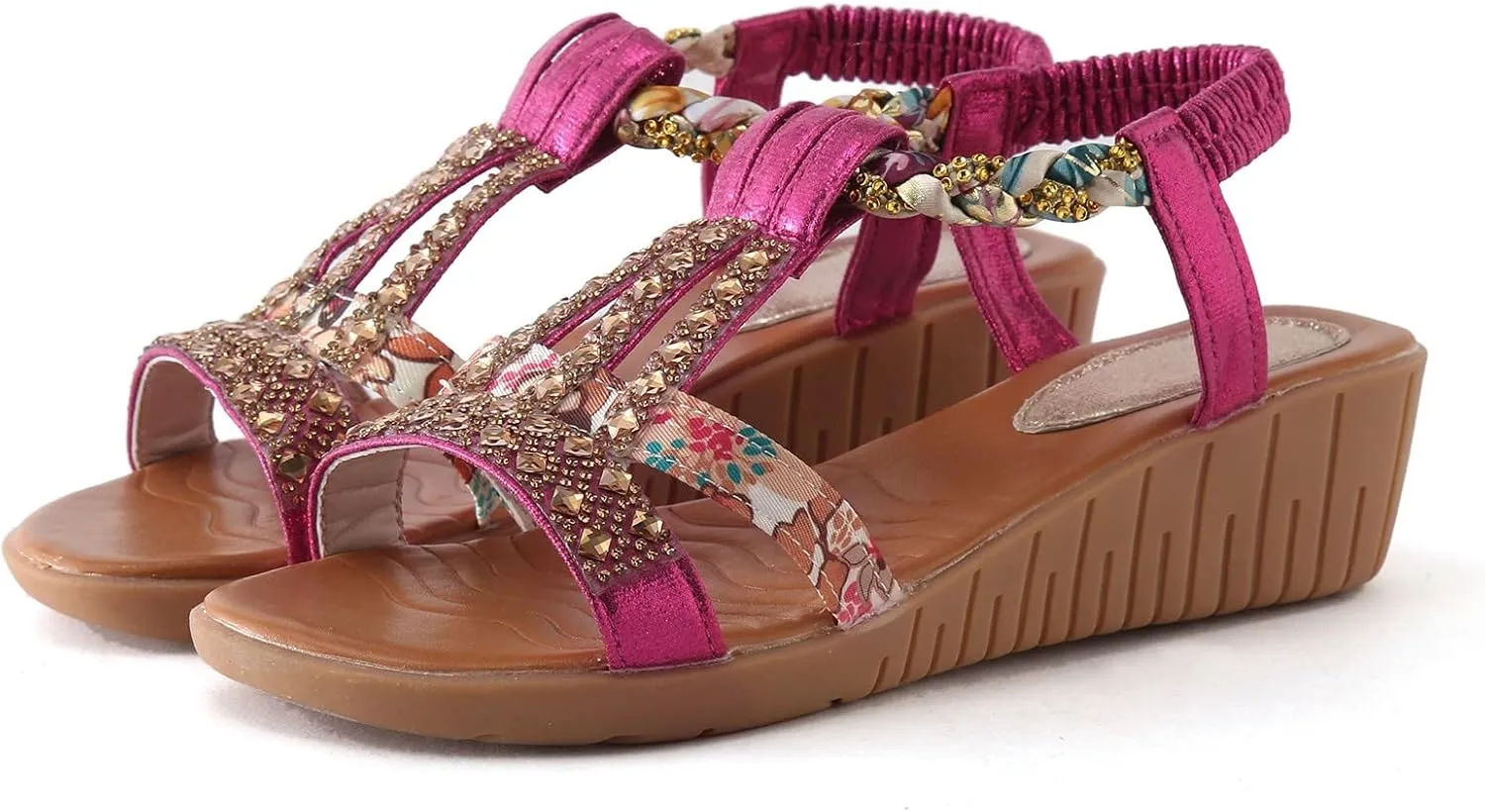 Casual Bohemian Beach Sandals Orthopedic Wedge Sandals for Women Ankle Strap Flip Flops Open Toe Jeweled Flat Sandals