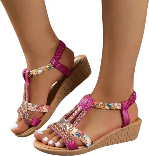 Casual Bohemian Beach Sandals Orthopedic Wedge Sandals for Women Ankle Strap Flip Flops Open Toe Jeweled Flat Sandals