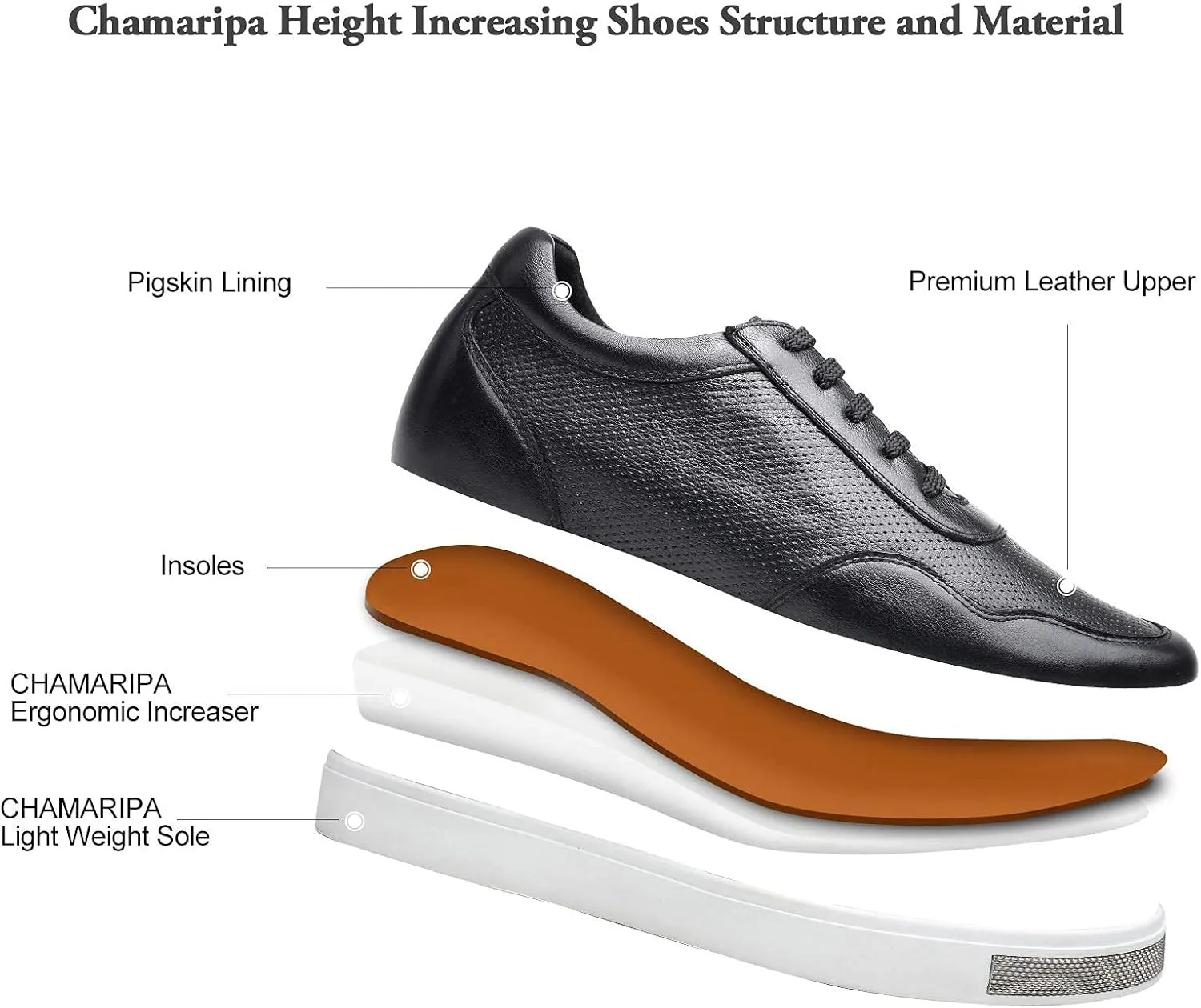 CHAMARIPA Men's Invisible Height Increasing Elevator Shoes Lace-Up Fashion Casual Comfortable Sneakers Genuine Leather Lifting Shoes That Make You 2.36/2.76 Inches Taller Handcrafted