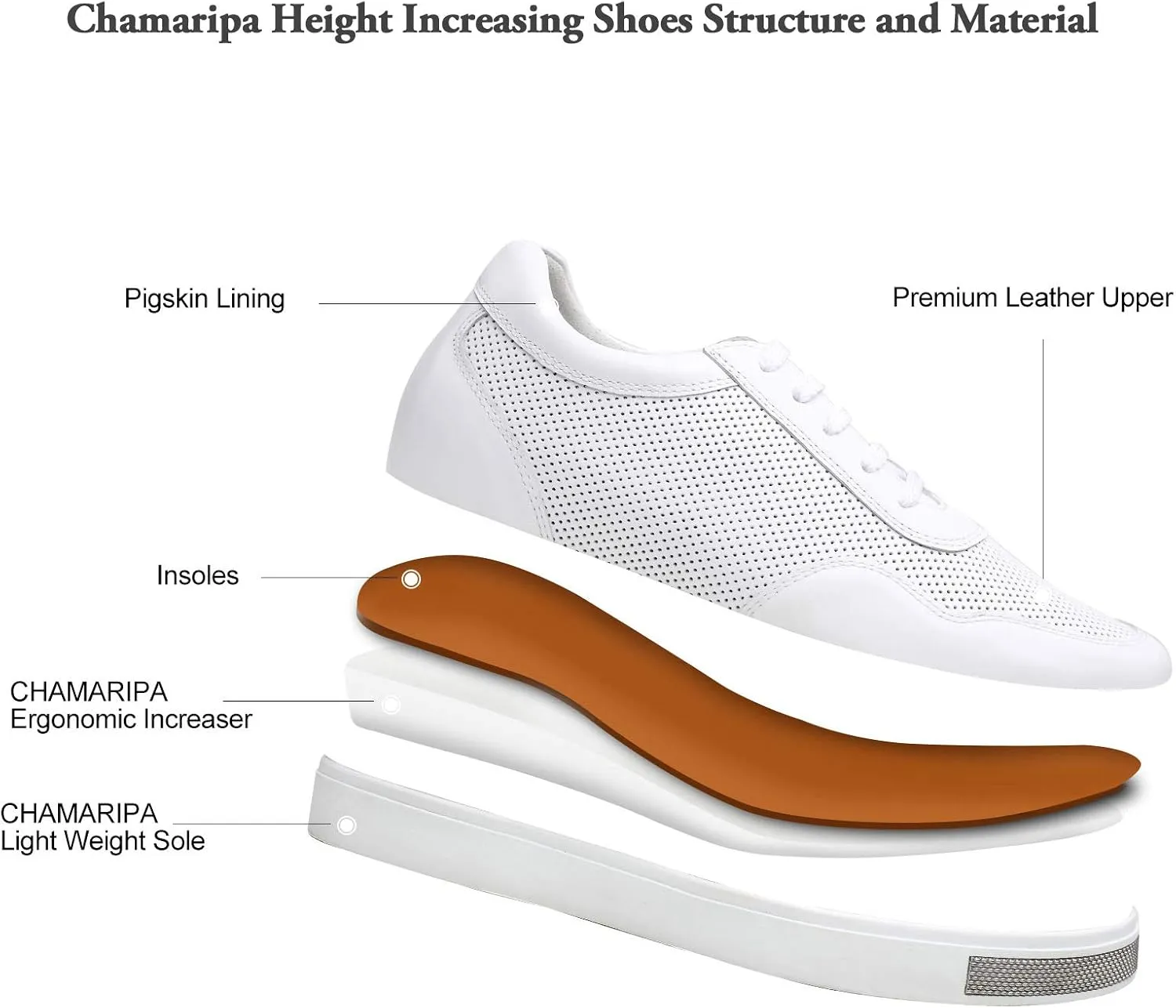 CHAMARIPA Men's Invisible Height Increasing Elevator Shoes Lace-Up Fashion Casual Comfortable Sneakers Genuine Leather Lifting Shoes That Make You 2.36/2.76 Inches Taller Handcrafted