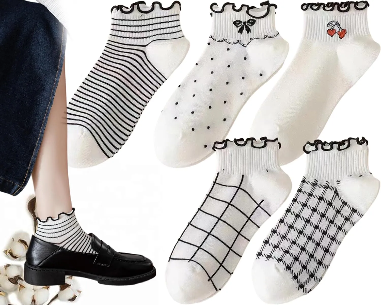 CHUNFO Womens Socks Ruffle Ankle Striped Bows Argyl Plaid Dots White Cotton Sock Crew Size5-9 Size6-11