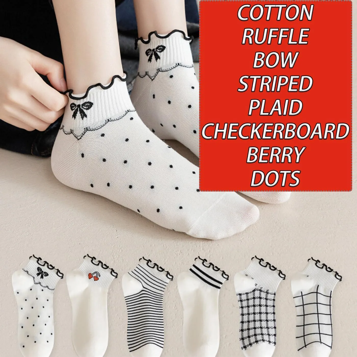 CHUNFO Womens Socks Ruffle Ankle Striped Bows Argyl Plaid Dots White Cotton Sock Crew Size5-9 Size6-11