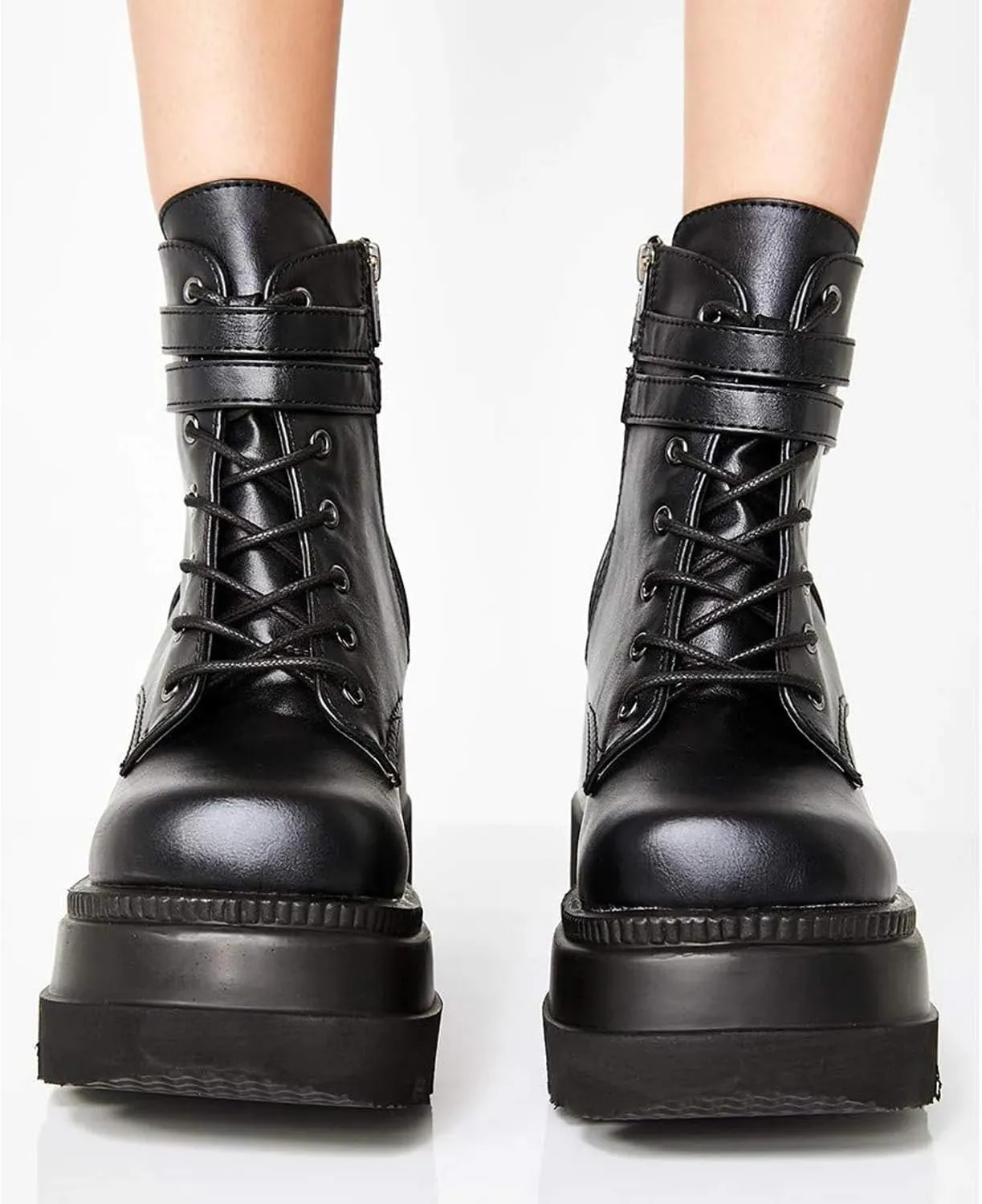 Chunky Platform Boots for Women, Square Toe Lace Up Zip High Heel Combat Wedge Ankle Boots with Side Zip Perfect for Party (Black, 8.5)