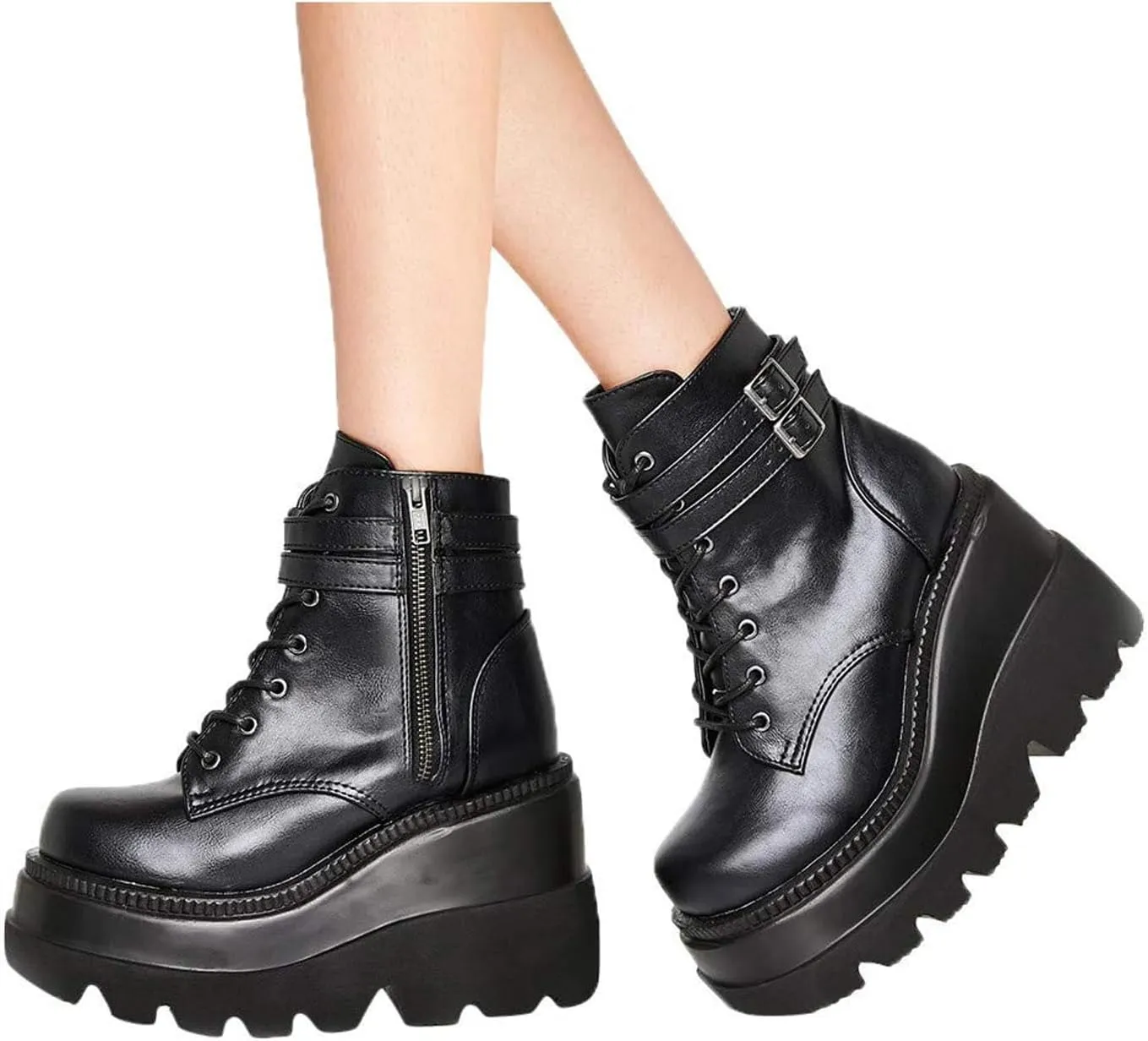 Chunky Platform Boots for Women, Square Toe Lace Up Zip High Heel Combat Wedge Ankle Boots with Side Zip Perfect for Party (Black, 8.5)