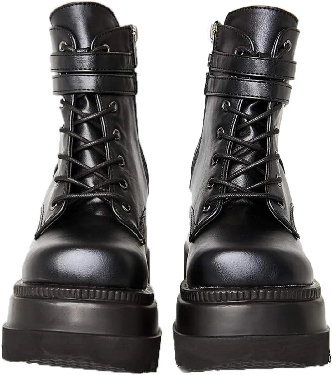 Chunky Platform Boots for Women, Square Toe Lace Up Zip High Heel Combat Wedge Ankle Boots with Side Zip Perfect for Party (Black, 8.5)