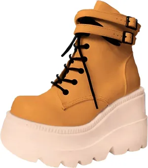 Chunky Platform Boots for Women, Square Toe Lace Up Zip High Heel Combat Wedge Ankle Boots with Side Zip Perfect for Party (Brown, 5.5)