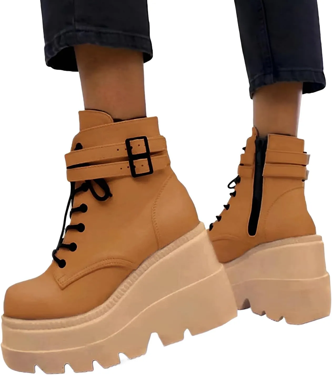 Chunky Platform Boots for Women, Square Toe Lace Up Zip High Heel Combat Wedge Ankle Boots with Side Zip Perfect for Party (Brown, 5.5)