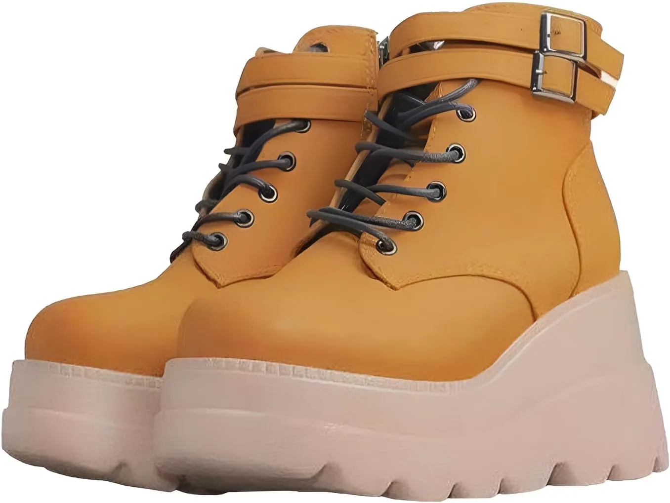 Chunky Platform Boots for Women, Square Toe Lace Up Zip High Heel Combat Wedge Ankle Boots with Side Zip Perfect for Party (Brown, 5.5)