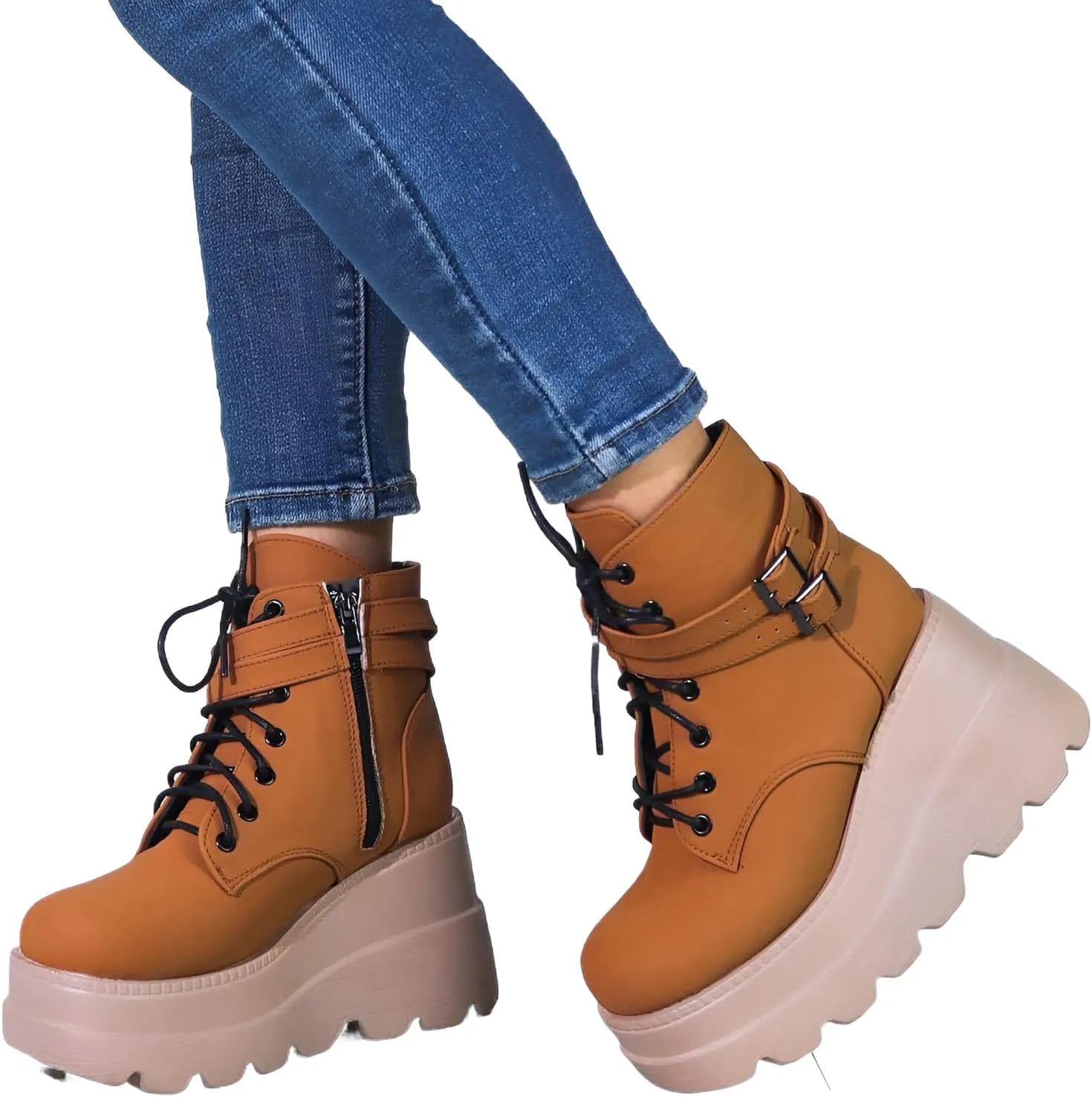 Chunky Platform Boots for Women, Square Toe Lace Up Zip High Heel Combat Wedge Ankle Boots with Side Zip Perfect for Party (Brown, 5.5)