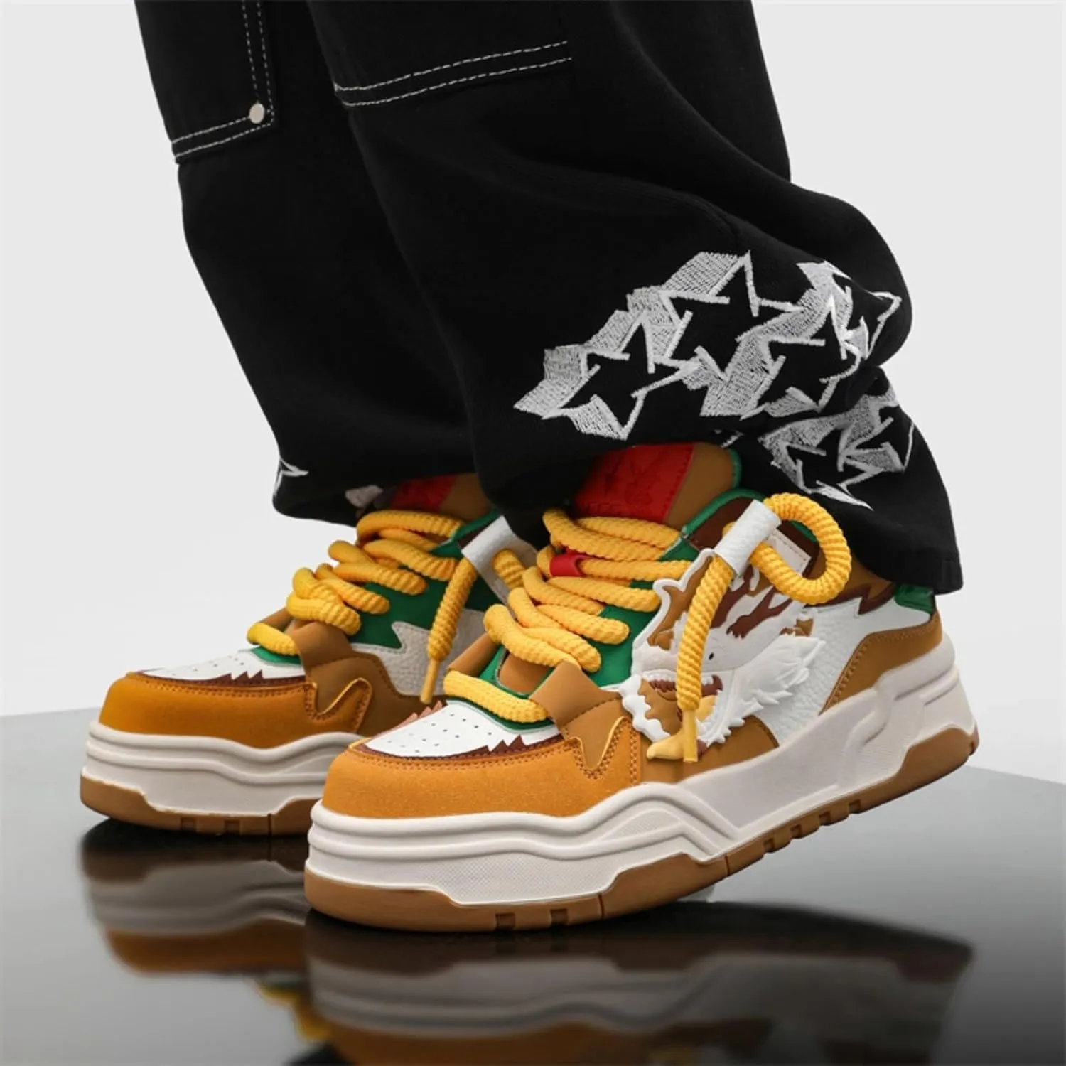 Chunky Sneakers for Men, Street Platform Shoes, Unique 3D Dragon, Height Boost, Urban Trendy Y2K Skate Hip Hop, Limited